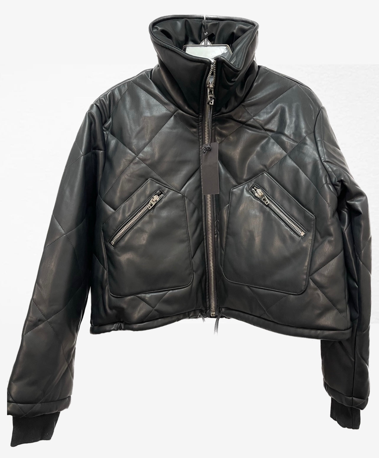 Cropped Faux Leather Bomber Jacket