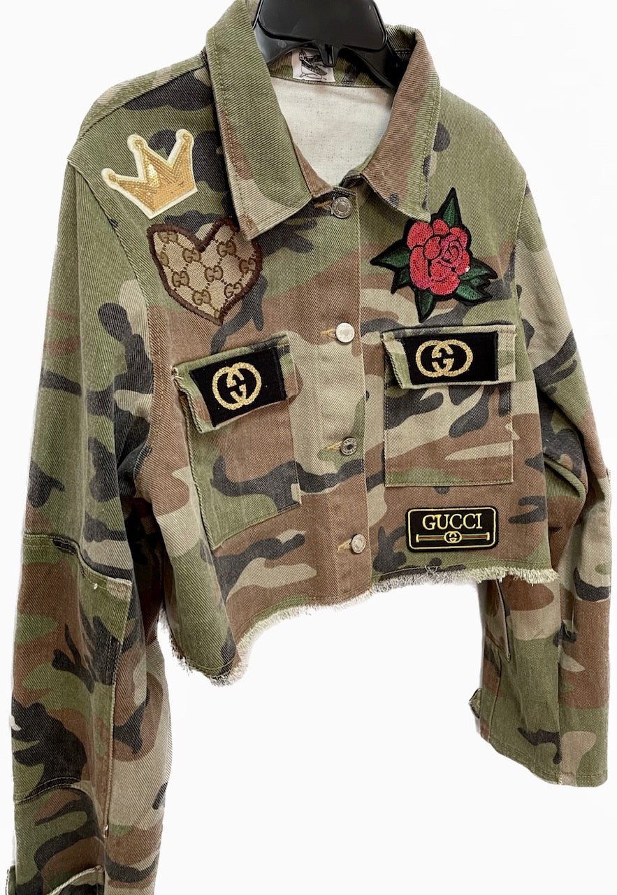 Cropped Camouflage Fashion Gucci Rose Patchwork Jacket