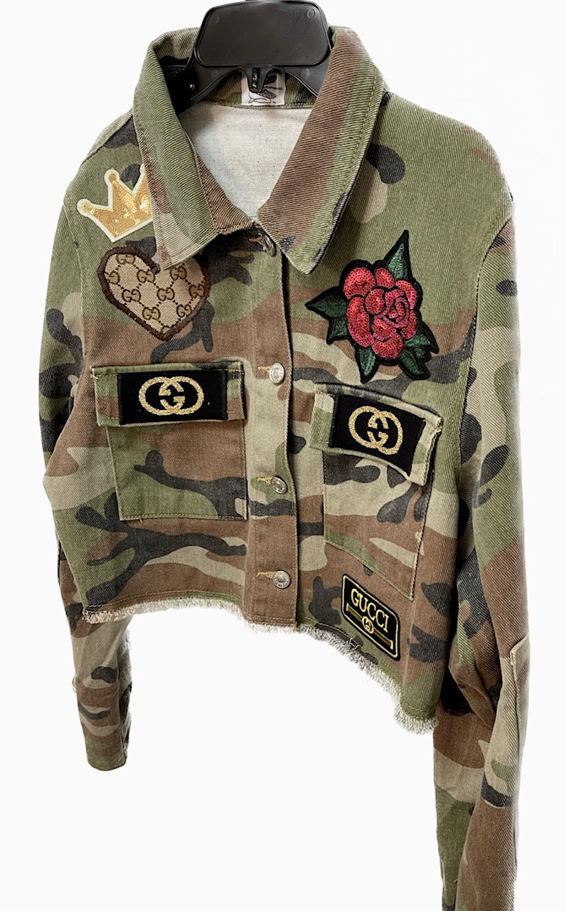 Cropped Camouflage Fashion Gucci Rose Patchwork Jacket