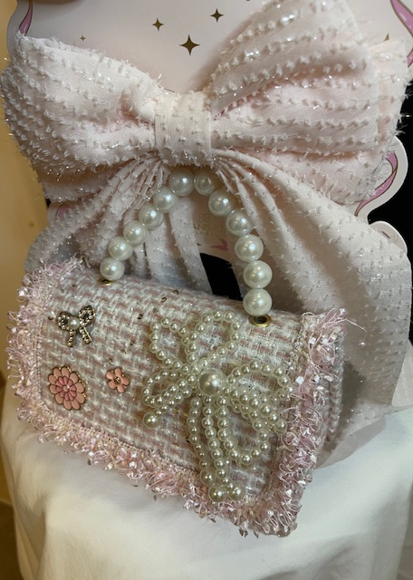 Mini Pale Pink with Pearls Purse with Matching Hair Ribbon