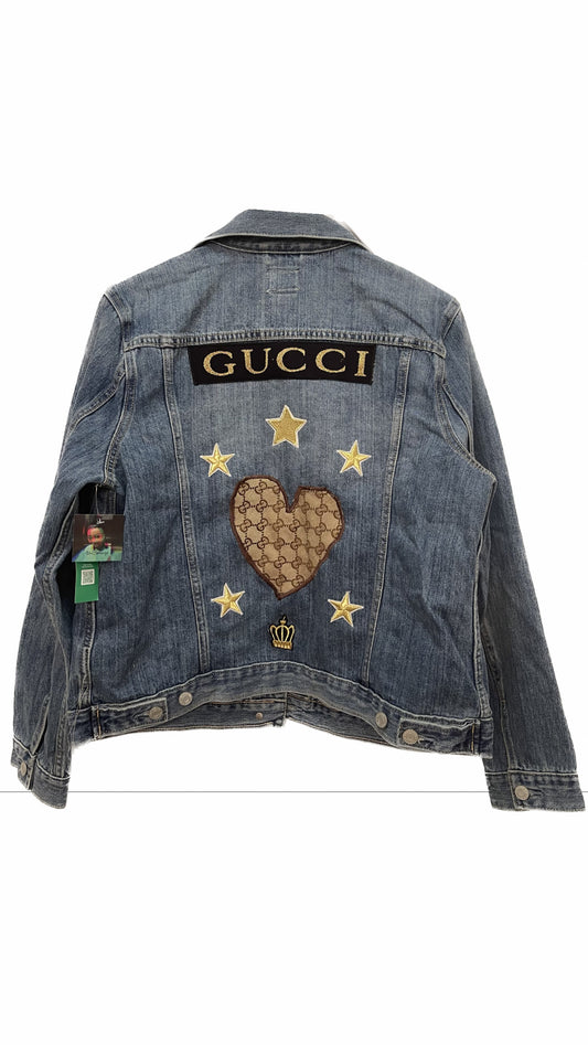 Dark Blue Gucci Heart Patchwork Denim Jacket