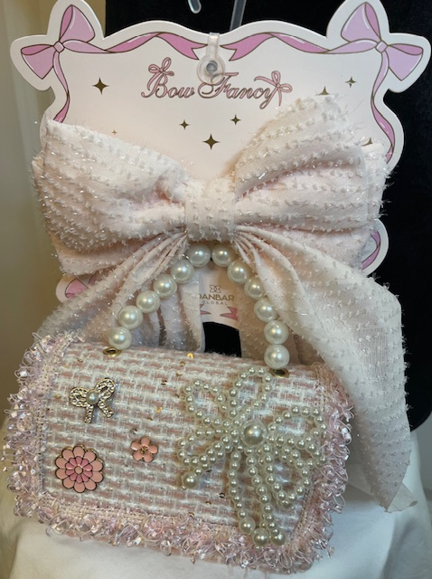 Mini Pale Pink with Pearls Purse with Matching Hair Ribbon
