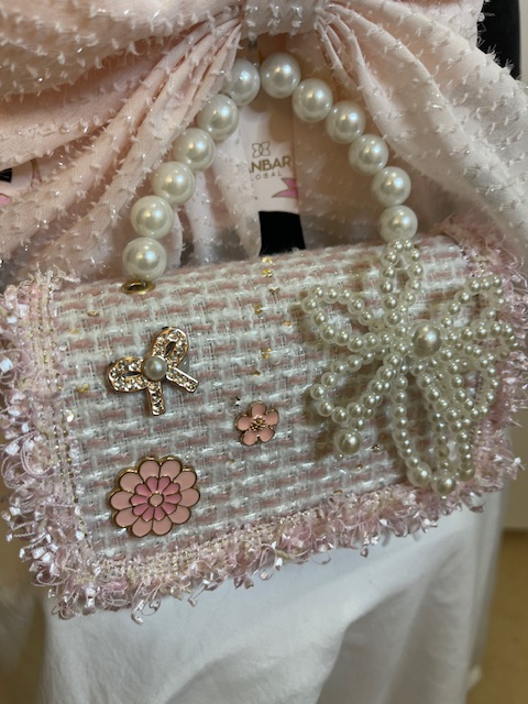 Mini Pale Pink with Pearls Purse with Matching Hair Ribbon