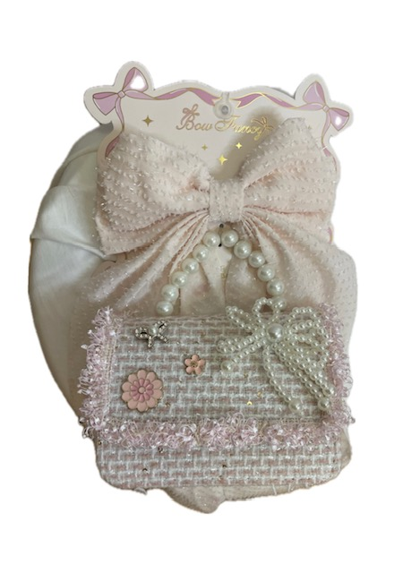 Mini Pale Pink with Pearls Purse with Matching Hair Ribbon